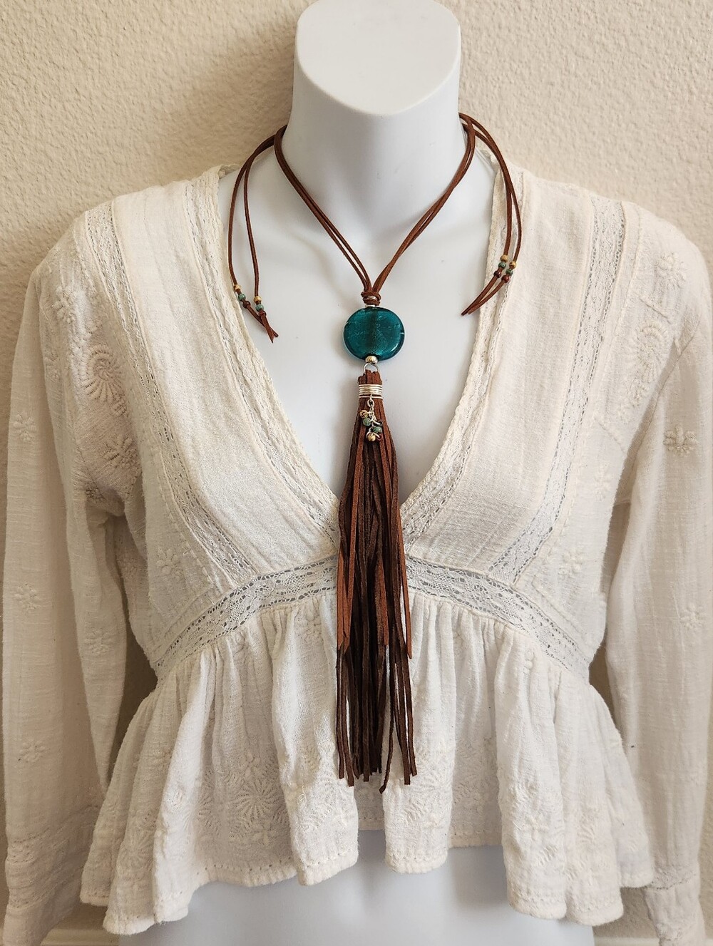 Boho Suede Tassel Necklace with Teal Glass Bead Pendant